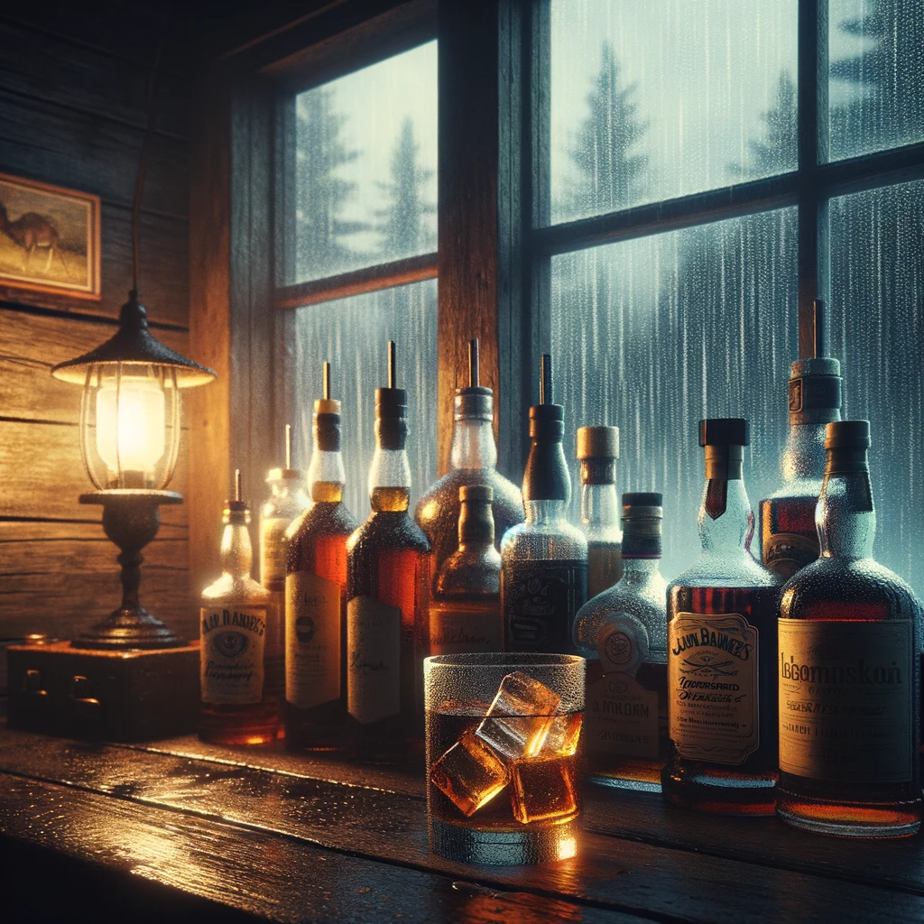 The scene is set in a cozy cabin during a stormy night. The focus is on a makeshift bar, illuminated by the soft glow of a single lamp. A collection of liquor bottles, with varying shapes and colors, is arranged on the bar, some with labels visible, others with just a hint of their contents. The bottles are made of glass, reflecting the warm light of the lamp. In front of the bottles, there's a glass filled with amber liquid and ice, positioned so that the ice clinks against the sides of the glass. The background shows a window with rain tapping steadily on the windowpanes, creating a rhythmic pattern against the backdrop of the howling wind outside. The cabin's interior is made of wood, with a rustic charm, adding to the cozy atmosphere. The overall mood is one of solitude and contemplation, with the storm outside contrasting with the warmth inside the cabin.